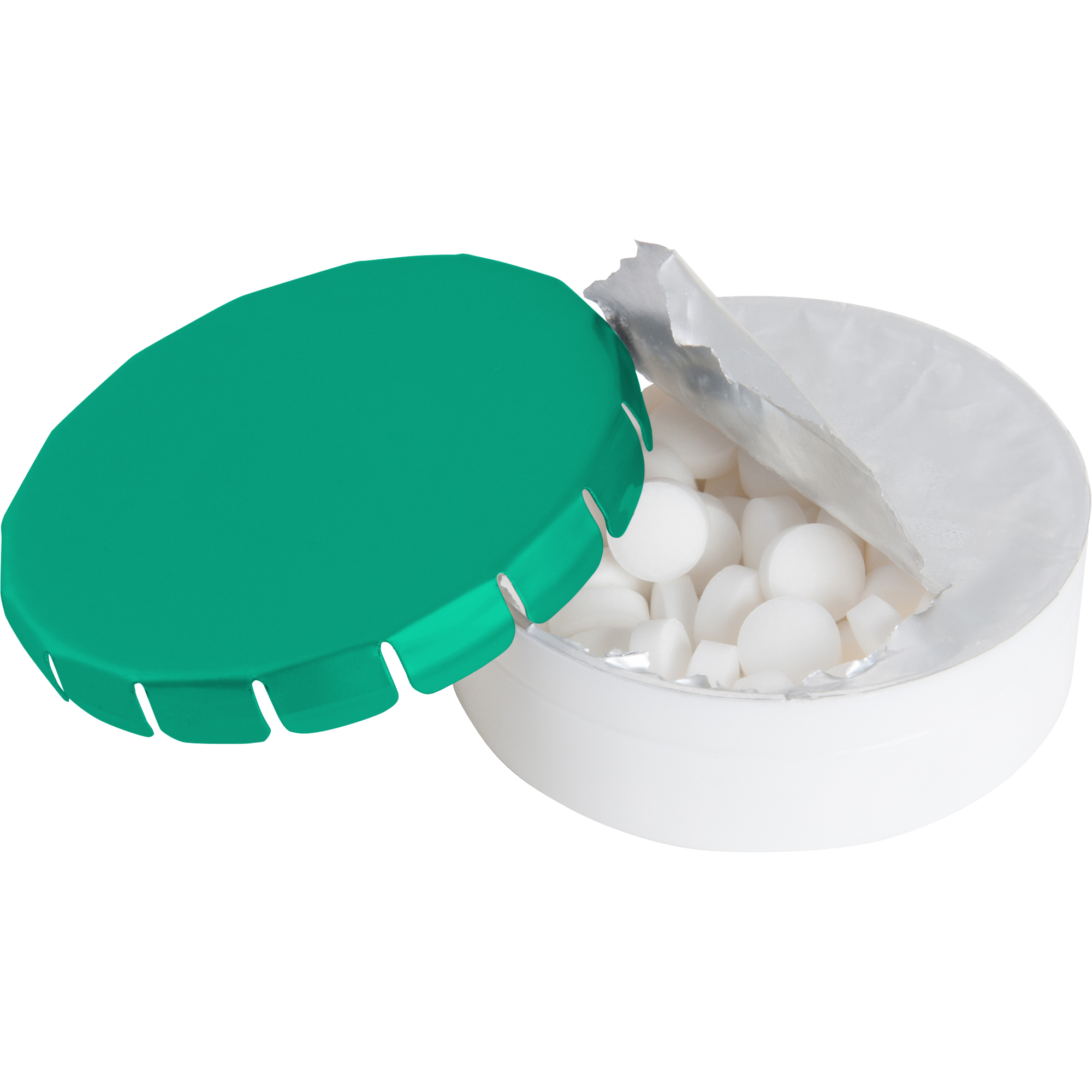 Round plastic pot with metal lid and sugar free mints