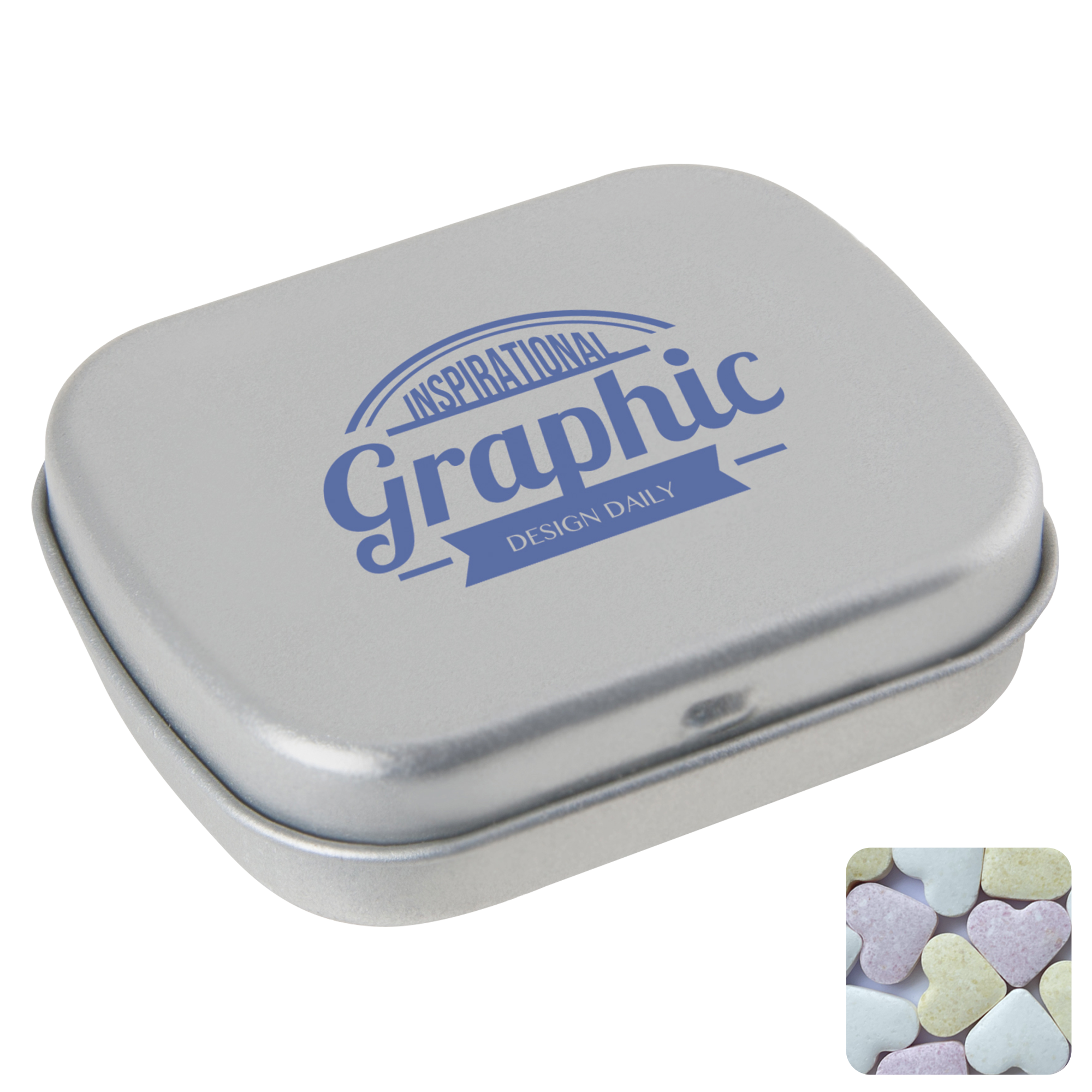 Picture of Flat hinged tin with fruit heart sweets 