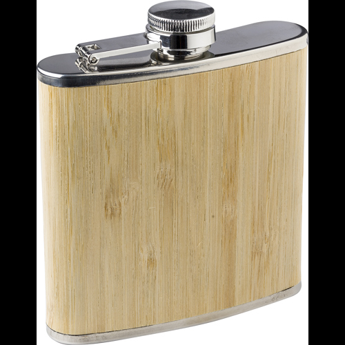 Stainless steel and bamboo hip flask