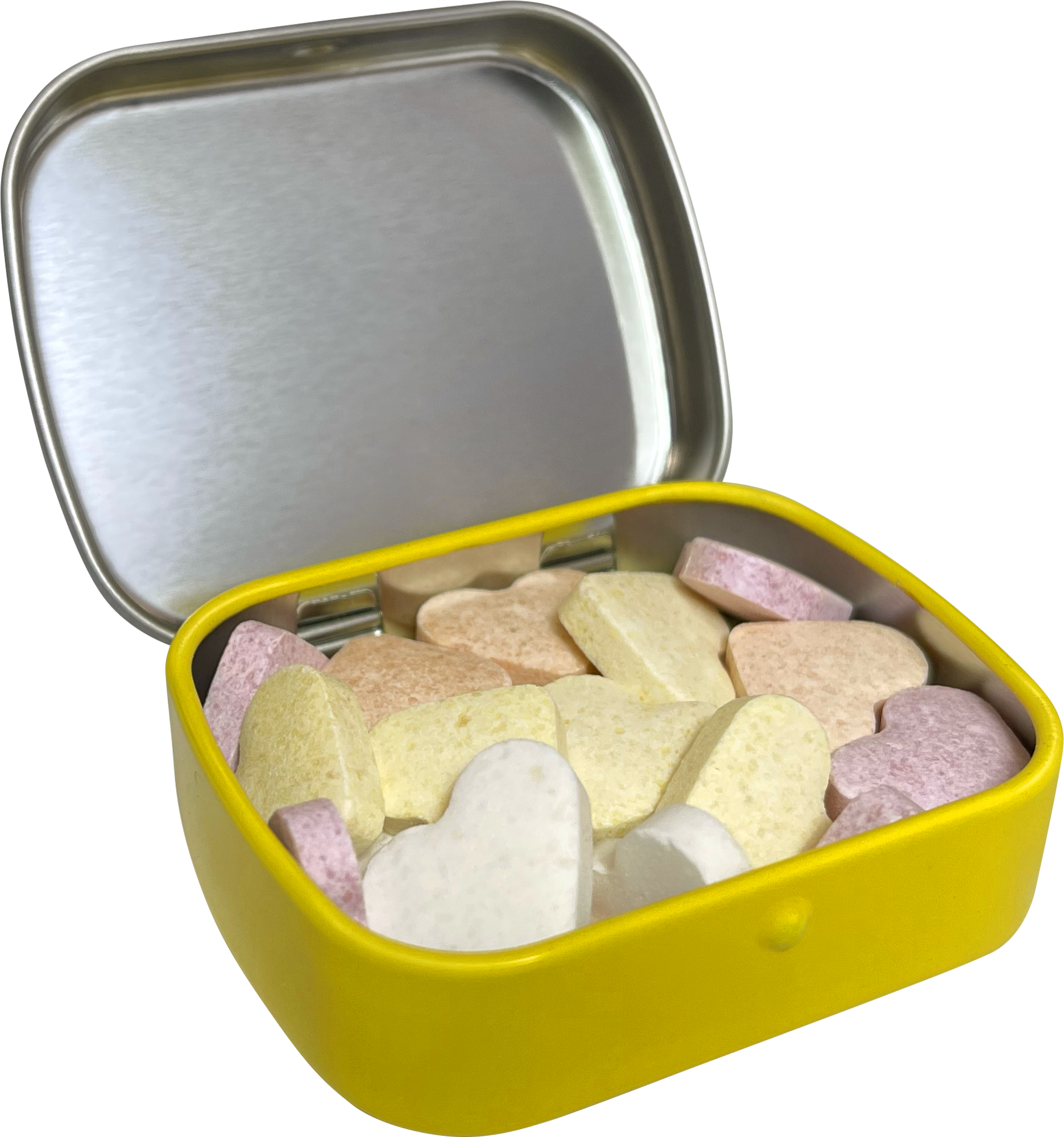 Picture of Flat hinged tin with fruit heart sweets 