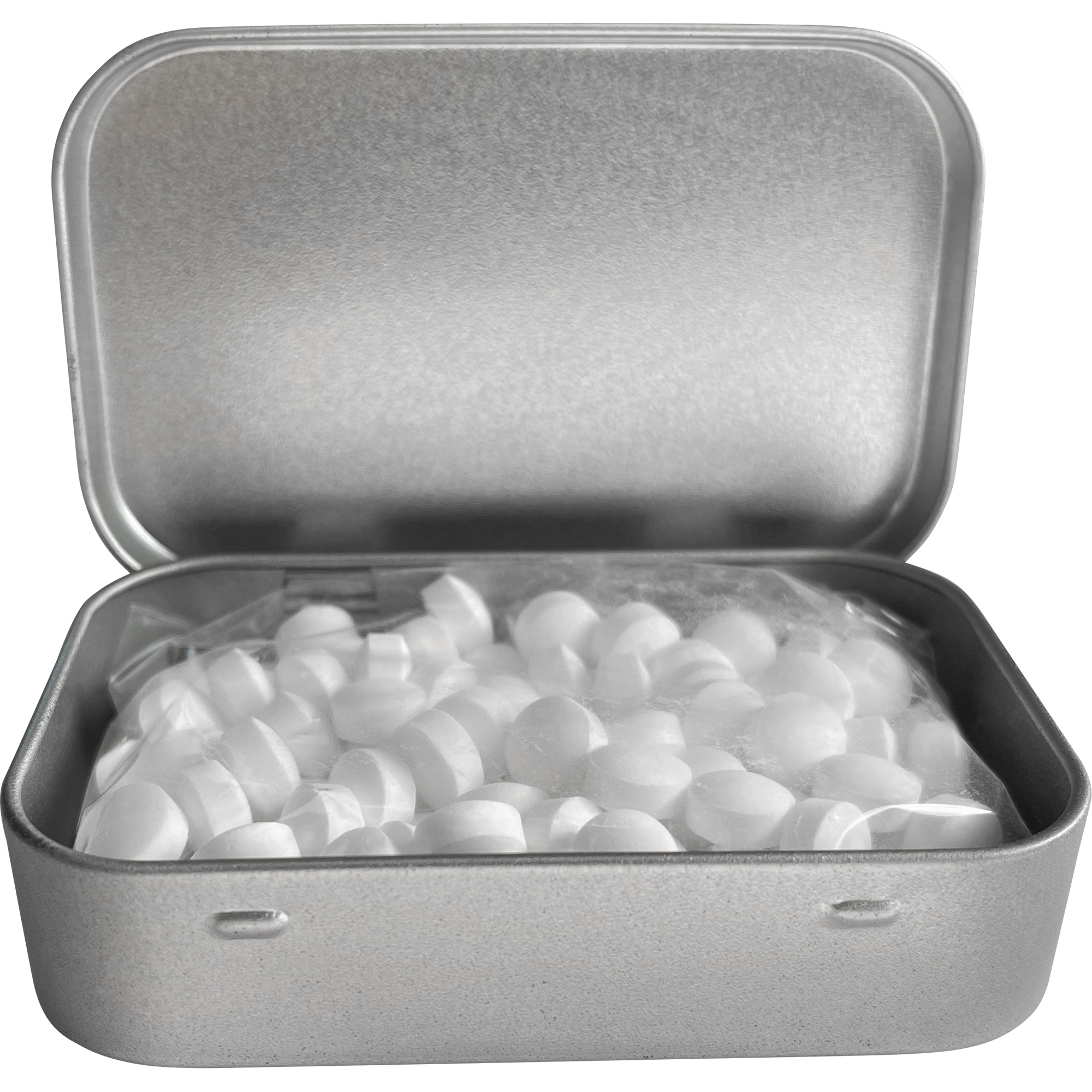 Large flat hinged tin with dextrose mints