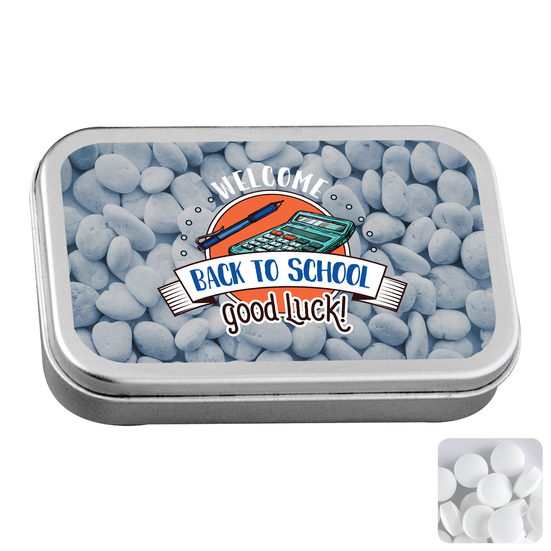 Large flat hinged tin with dextrose mints | Ross Promotional Products