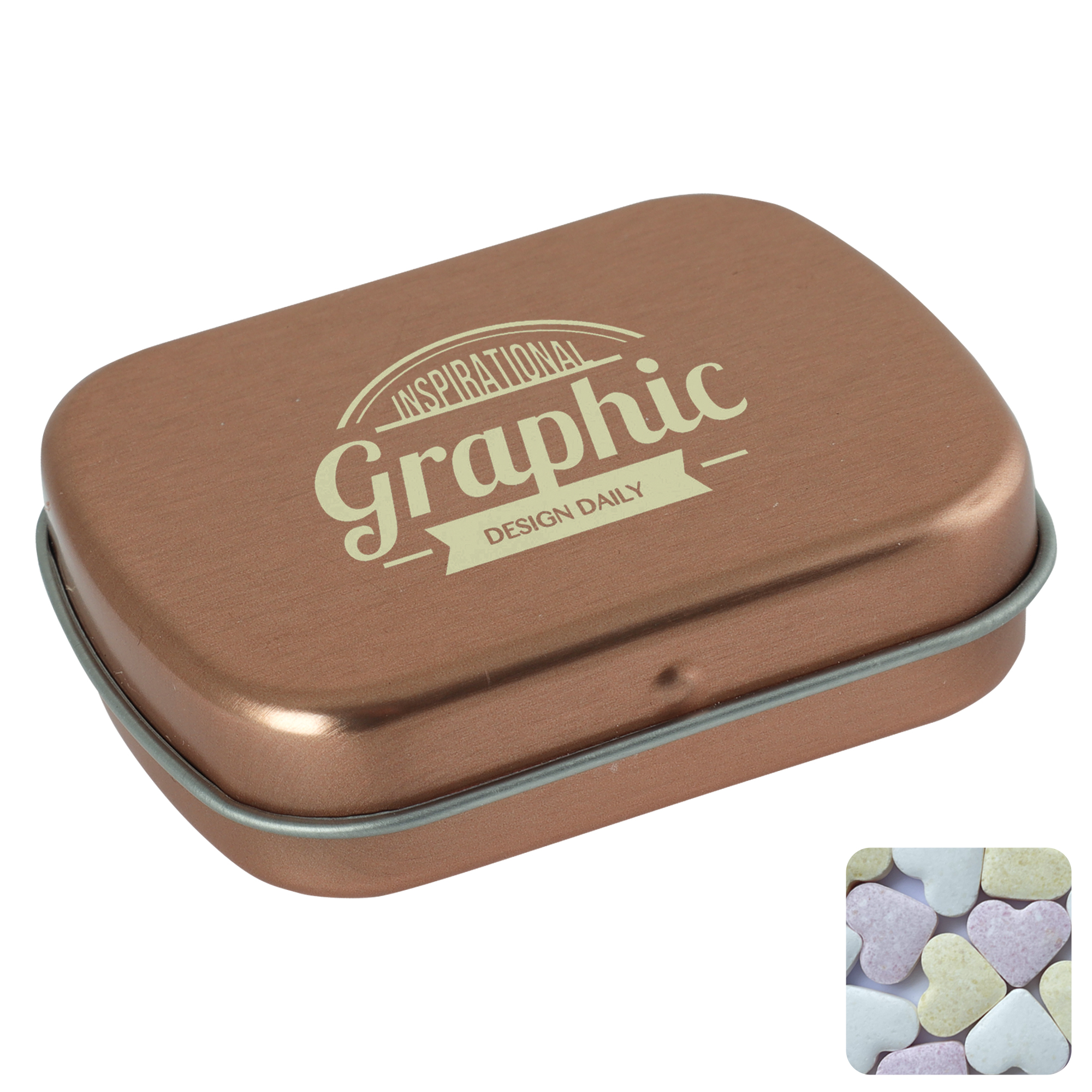 Picture of Flat hinged tin with fruit heart sweets 