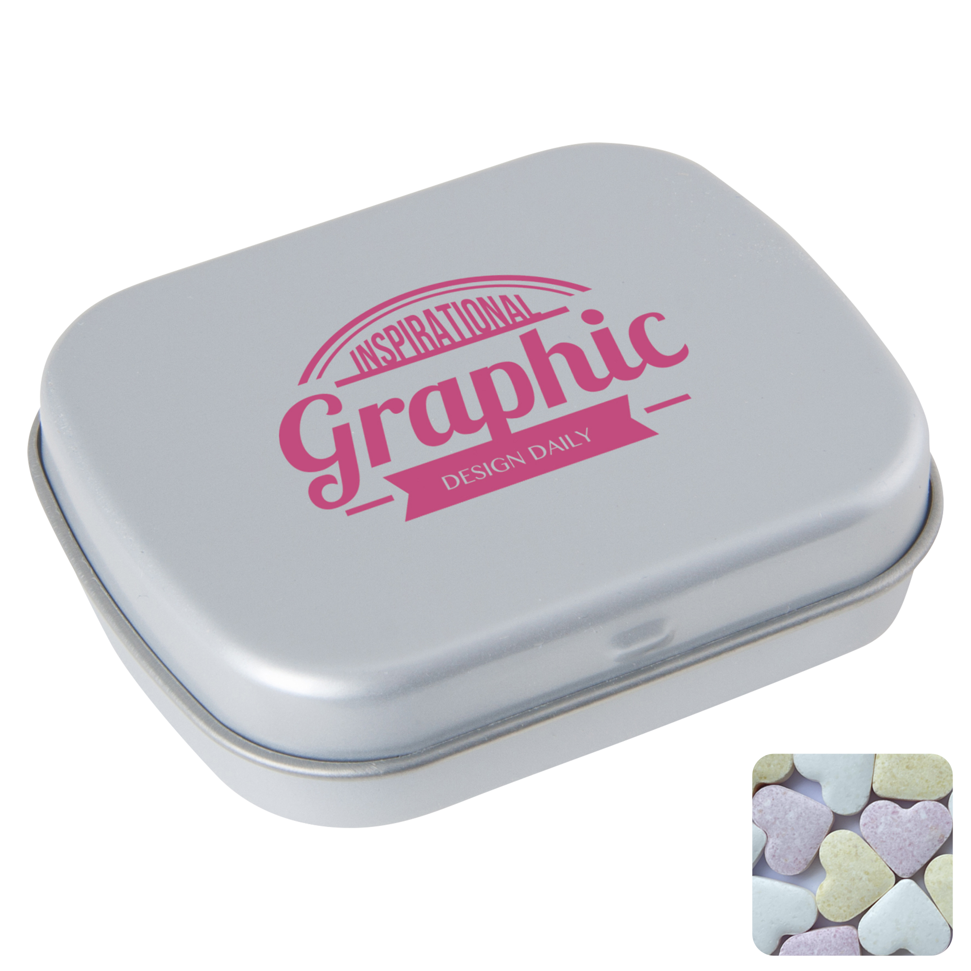 Picture of Flat hinged tin with fruit heart sweets 