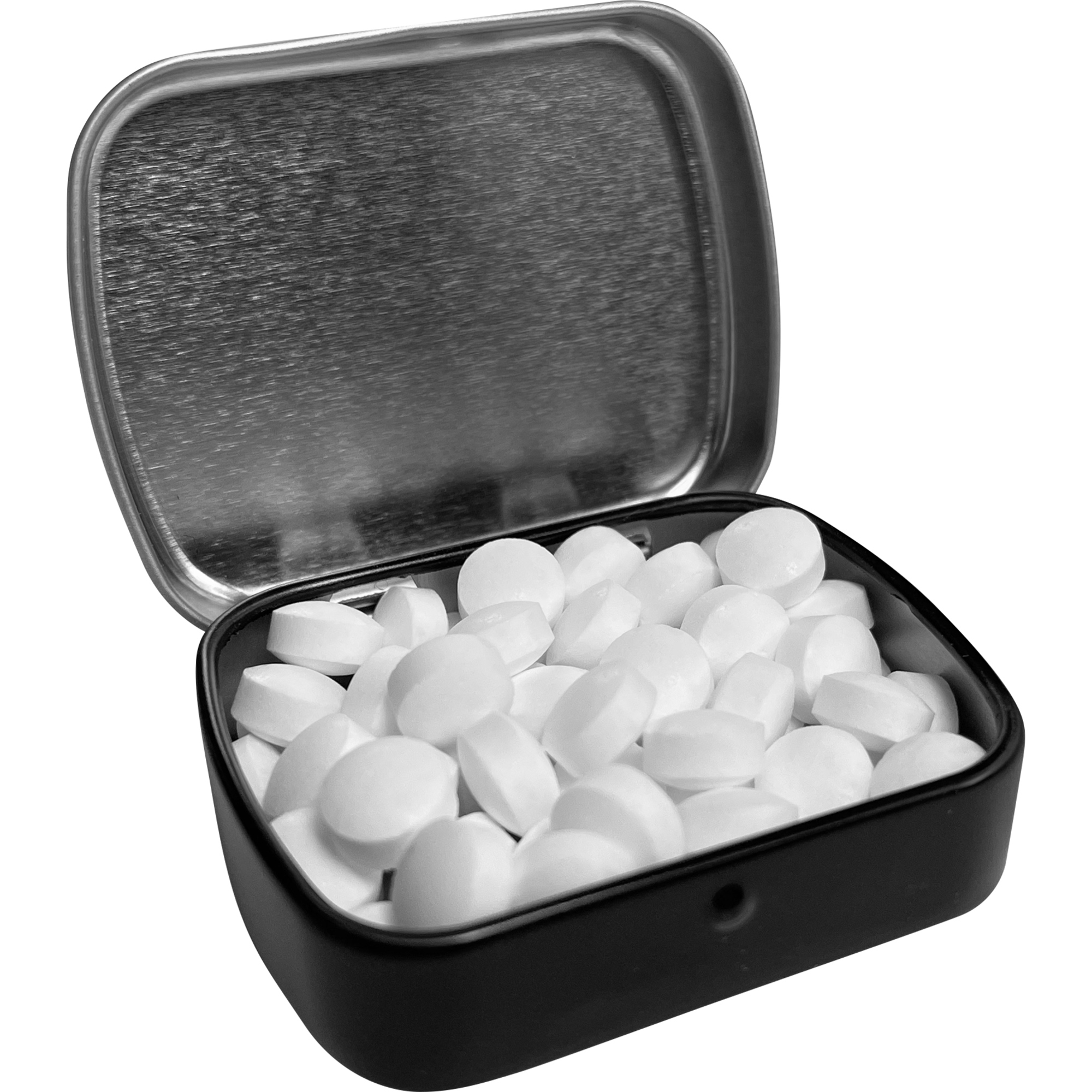 Flat hinged tin with dextrose mints