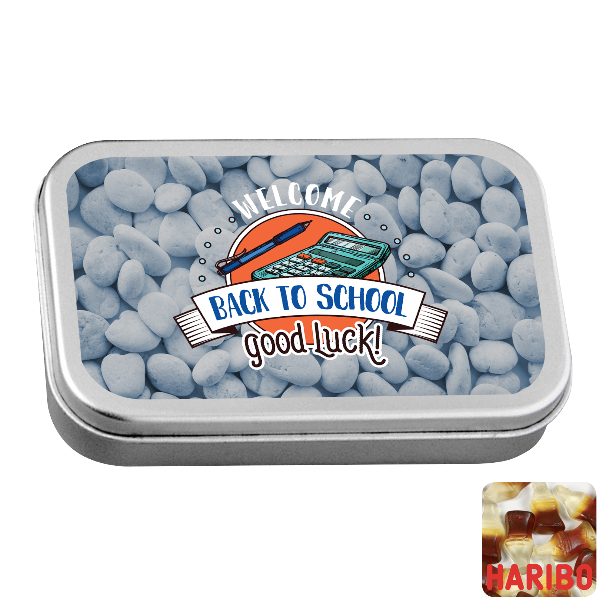 Picture of Large flat hinged tin with Haribo cola bottles