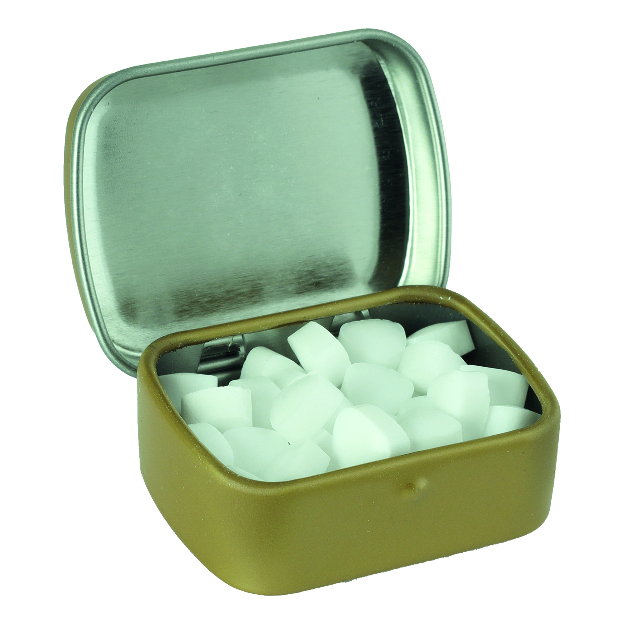 Small flat hinged tin with sugar free mints