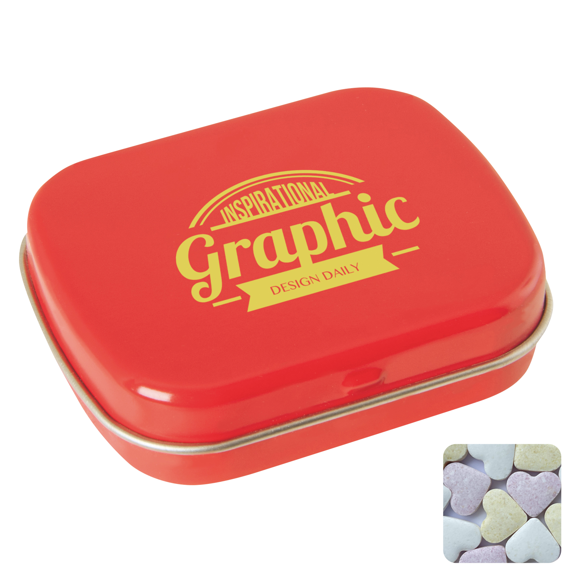 Picture of Flat hinged tin with fruit heart sweets 