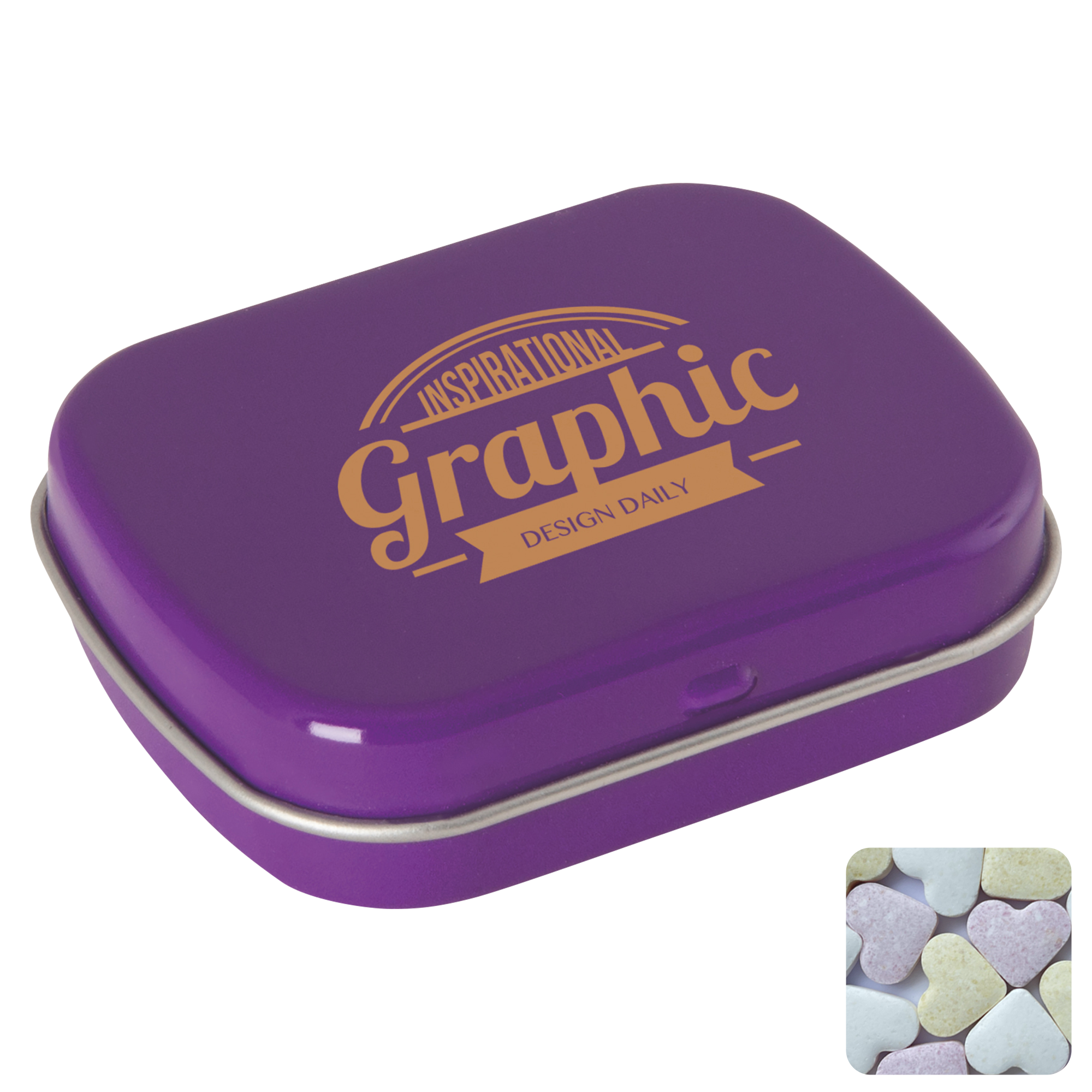 Picture of Flat hinged tin with fruit heart sweets 